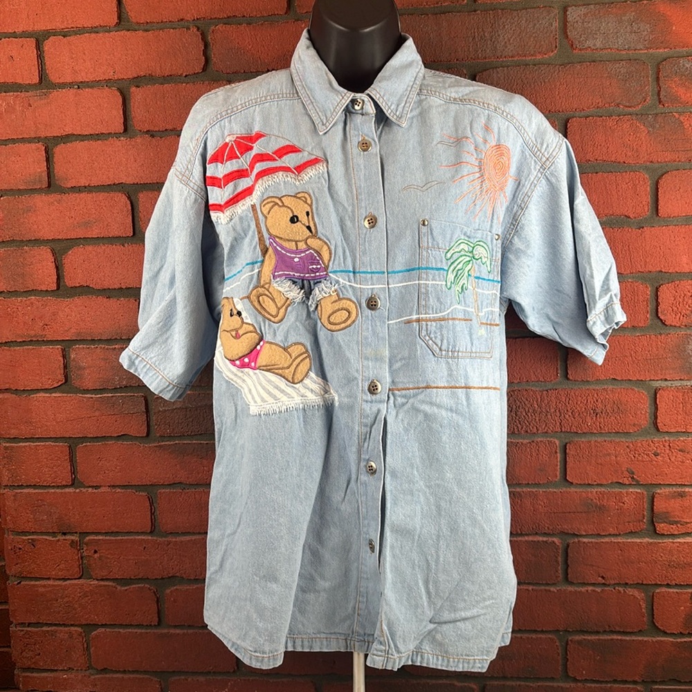 Together Missy Women's Small Denim‎ Button-Down Shirt – Beach Bears Print